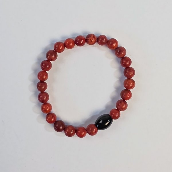 Bracciale elastico Madrepora rossa e Onice | 20-21 cm (M/L)