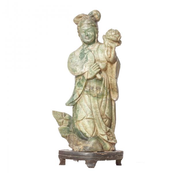 Statua in Serpentinite Geisha con ventaglio e fiori | 32X21X84 cm 45,5 kg